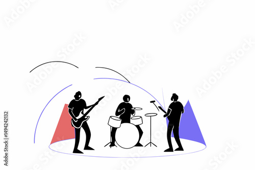 Rock Band Silhouettes on Grunge Red Background Artistic Style One