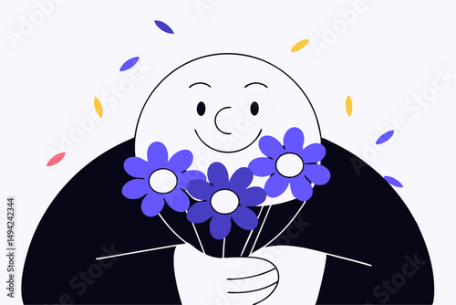 Friendly smiley face character carrying flowers in a sweet and heartwarming colorful design ideal for cheerful and positive themed graphics
