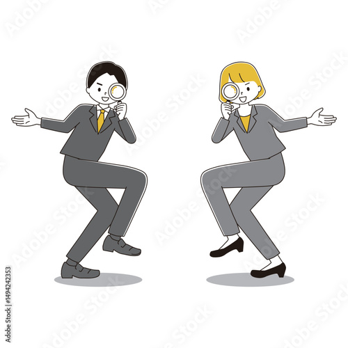 虫眼鏡を覗き込むスーツ姿の女性と男性の全身イラストセット　笑顔