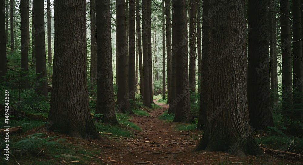 Fototapeta premium Hiking Through a Dense Forest Trail with Tall Trees