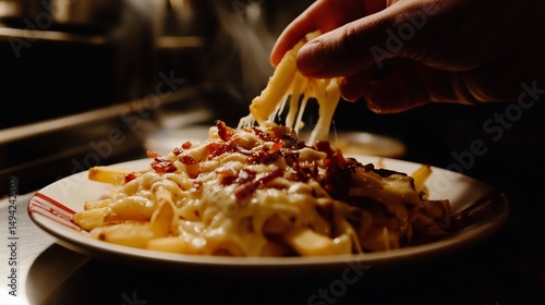 Indulge in Loaded Fries, A Delicious Blend of Cheese, Bacon, and Potatoes with a hand grabbing it