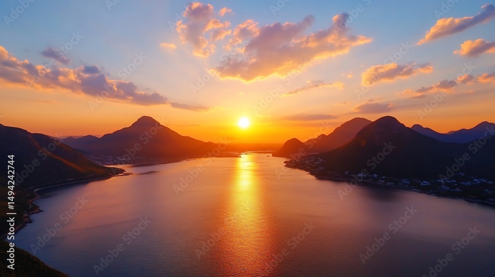 Fototapeta premium Sunset over mountains reflecting in serene water, with warm colors and clouds