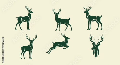 Six Stylized Deer Silhouettes Standing Leaping and Head Designs