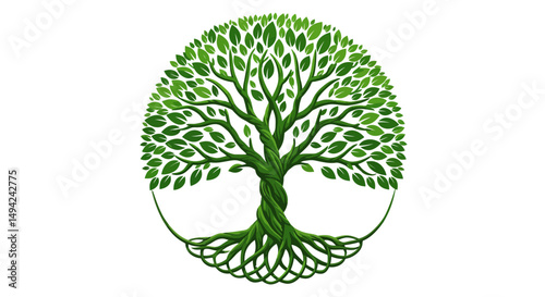 Vibrant Green Tree of Life Symbol with Twisted Trunk and Leaves