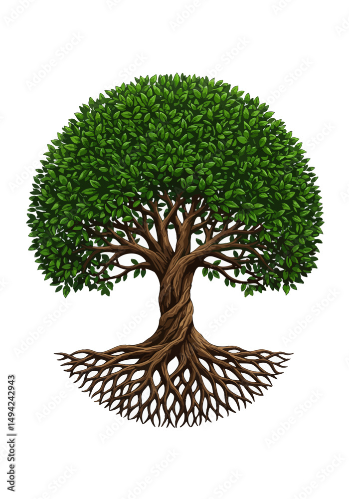 Naklejka premium Detailed Illustration of a Lush GreenLeaved Tree with Twisted Trunk