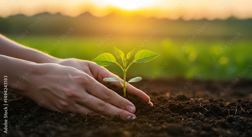 Fototapeta premium Nurturing young plant with hands during golden sunset for environmental conservation