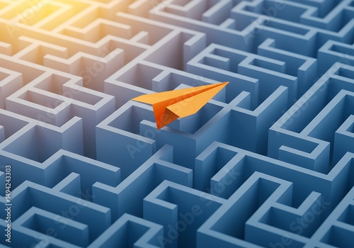Orange paper airplane soaring over a complex blue maze represents problem solving strategy