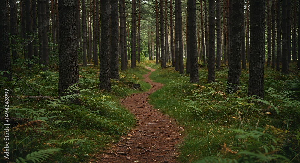 Fototapeta premium Walking Path Through Peaceful Forest with Tall Trees and Ferns