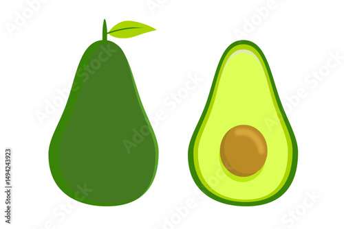 Illustration of a Whole Avocado and a Cut Half with a Seed