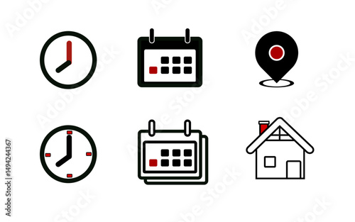 Set of Time and Location Themed Minimalist Illustrated Icons