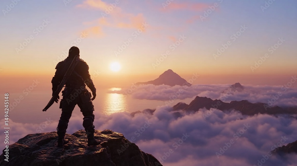 Fototapeta premium Warrior at sunrise, overlooking mountains and sea, after sunset