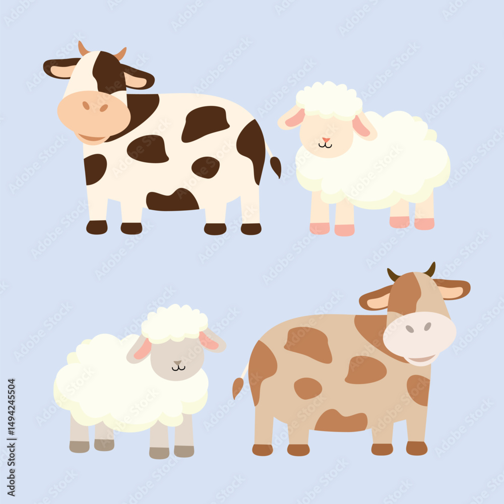 Obraz premium Sheep and cow illustration. Cute animal cartoon. Eid adha celebration