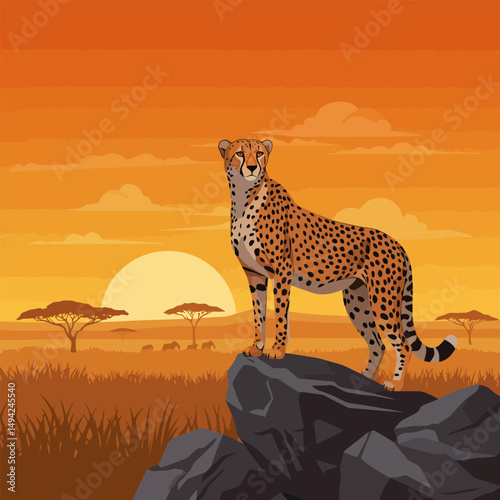 Cheetah Standing on Rock in African Savannah at Sunset Illustration