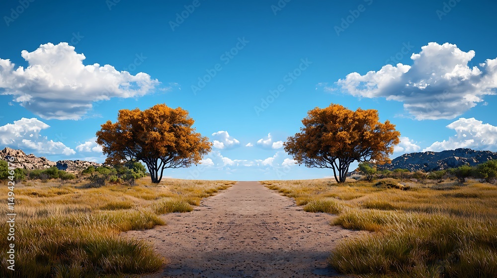 Obraz premium there are two trees that are standing in the middle of a dirt road