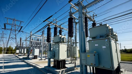 Outdoor Electric Power Substation with High Voltage Transformers and Overhead Powerlines