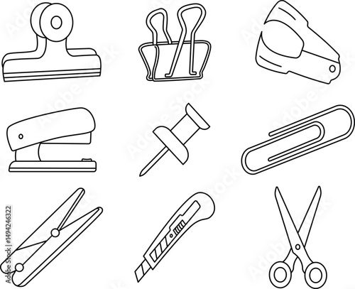 Essential Office and Stationery Tools Line Icons Collection.