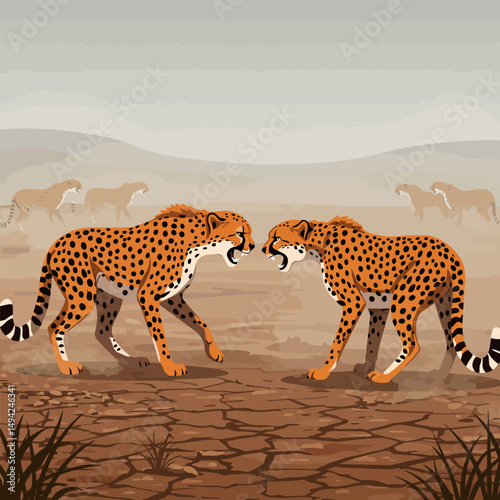 Cheetah Confrontation in Arid Landscape with Additional Cats in Distance