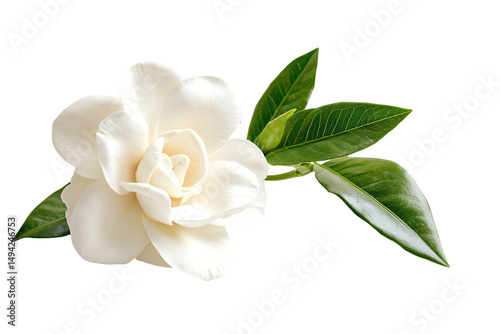 a white flower with green leaves on a white background