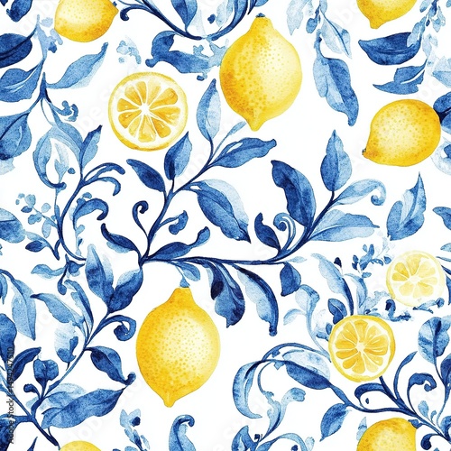 Watercolor Lemon Pattern With Blue Floral Design