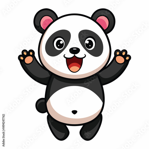 A delighted baby panda with its arms raised and a surprised expression appears to be jumping a white background