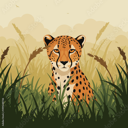 Cheetah Sitting in Tall Green Grass Against a Calm Background