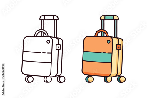 doodle cartoon vector illustration of a stylish wheeled suitcase with outline version.