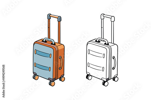 doodle cartoon vector illustration of a stylish wheeled suitcase with outline version.