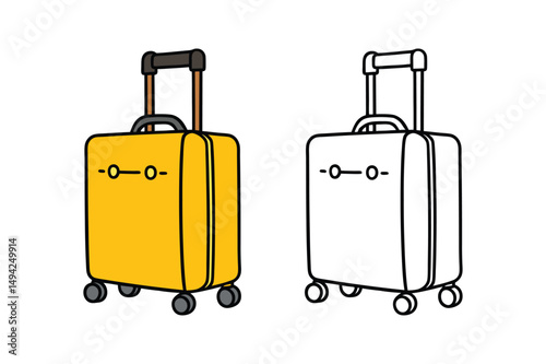 doodle cartoon vector illustration of a stylish wheeled suitcase with outline version.