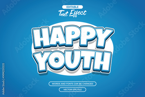 Happy youth editable text effect with blue text and cartoon style text 