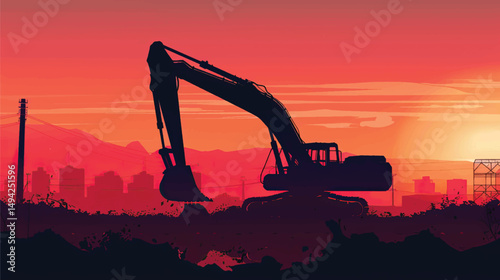 Crawler excavators silhouette are digging the soil in the construction site