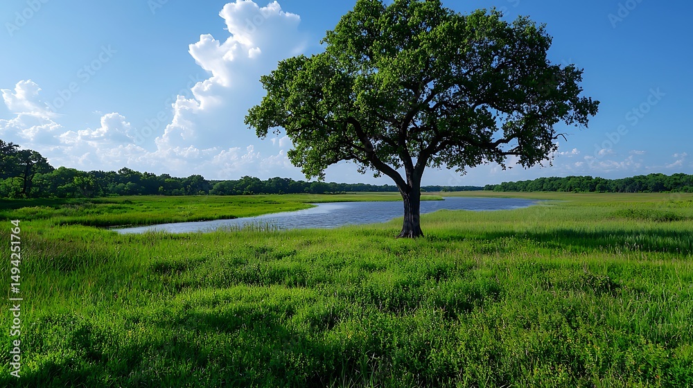 Obraz premium there is a lone tree in the middle of a grassy field next to a body of water