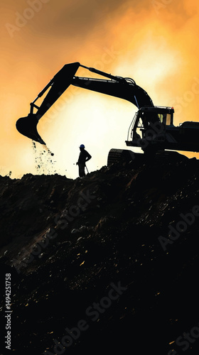 Crawler excavators silhouette are digging the soil in the construction site