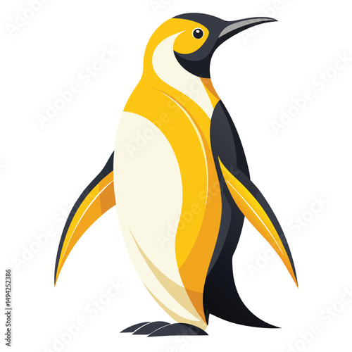 A king penguin with vibrant yellow plumage stands with its wings slightly outstretched, looking upwards a white background