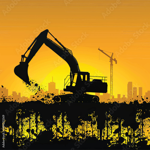 Crawler excavators silhouette are digging the soil in the construction site