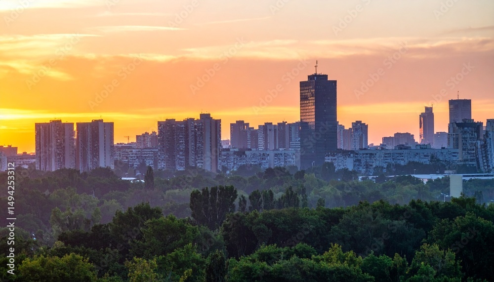 Obraz premium Sunrise City Skyline with Highrise Buildings and Trees