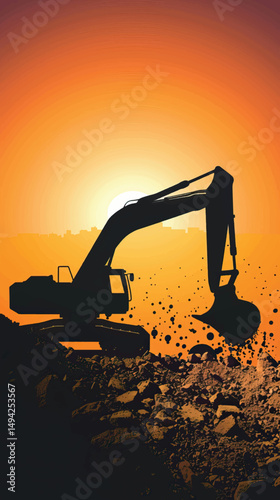 Crawler excavators silhouette are digging the soil in the construction site