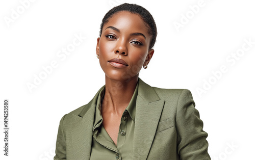 Elegant woman in an olive-green suit captured in a side pose with a focused, serious expression against a clean white backdrop. Ideal for fashion editorials, branding, and professional visuals. PNG an