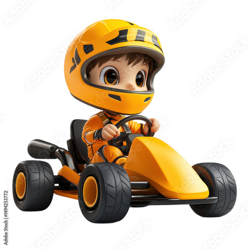 Cartoon racer in yellow go kart helmet driving fast race car for kids racing game illustration art 3d