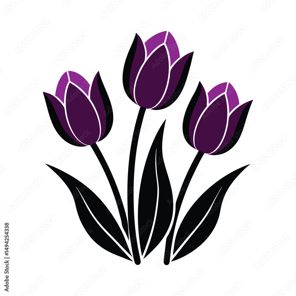 Fototapeta premium purple tulips black and color silhouette vector icon