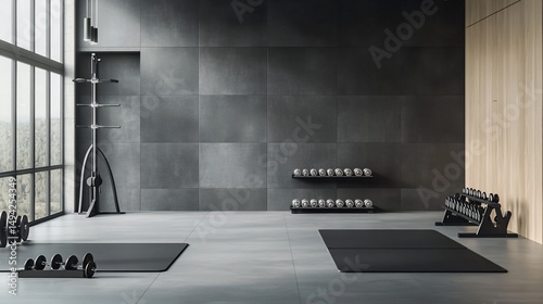 Modern minimalist gym interior with fitness equipment and panoramic views, a fitness sanctuary for wellness enthusiasts and health conscious individuals