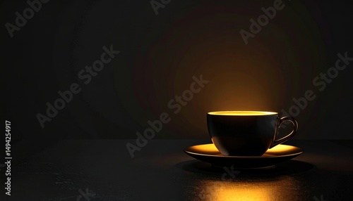 A beautifully lit black coffee cup on a saucer, glowing softly against a dark background