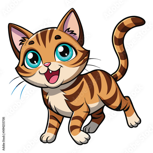 A playful tabby kitten with bright blue eyes and its mouth open mid-meow appears to be jumping a white background