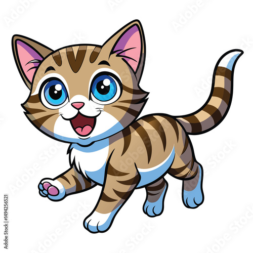A playful tabby kitten with bright blue eyes and its mouth open mid-meow appears to be jumping a white background