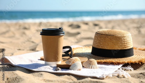 A relaxing beach scene featuring a straw hat, coffee cup, and seashells on a towel