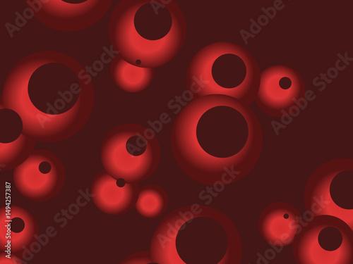 Colorful Floating Soft Balls Background. Red pearls flew in the sky. Abstract trendy stylish wallpaper background. 3D illustration. Vector pattern of red flying balls on a red background.