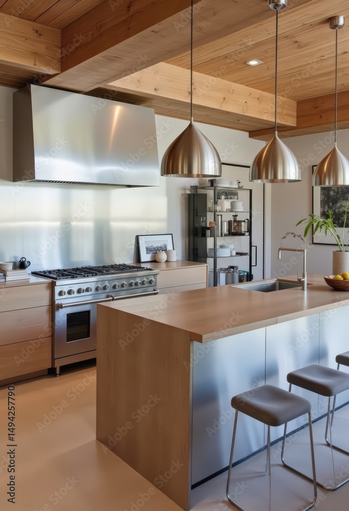 Fototapeta premium Modern Kitchen Island With Stainless Steel