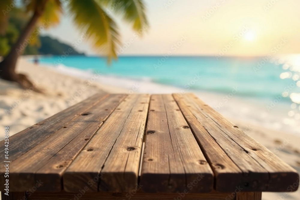Fototapeta premium Rustic long wooden table, blurred beach background, table, background