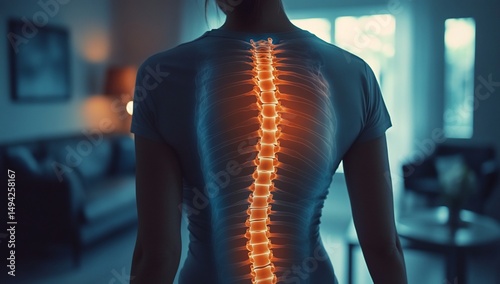 Womans glowing spine with back pain.