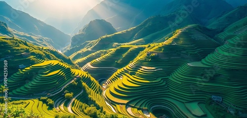 Sun-drenched rice terraces cascading down Sapa's verdant hillsides, harvest, tranquil