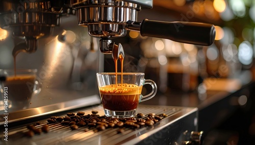 Freshly brewed espresso pouring into a glass cup on a coffee machine in a cozy caf? setting